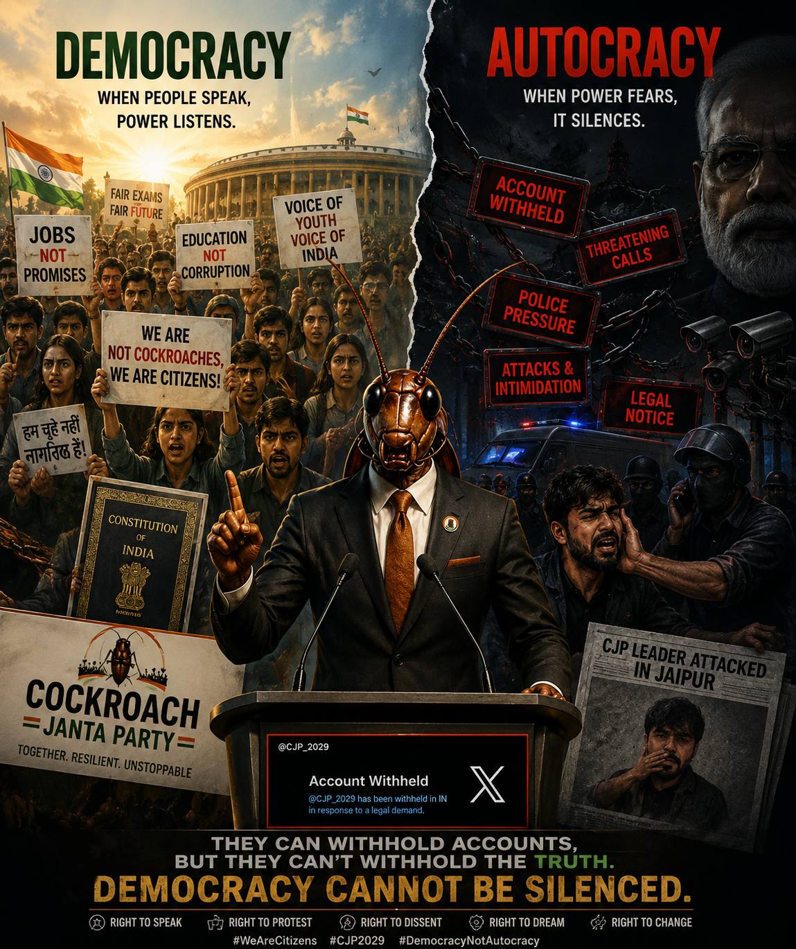 Democracy, Autocracy, Free Speech, Freedom of Expression, Civil Liberties, Constitutional Rights, Citizen Participation, Youth Voices, Digital Rights, Political Satire, Accountability, Public Discourse, India, Democracy Matters, Right To Dissent