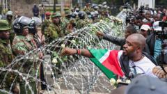 Families lay flowers on barbed wire barricade on anniversary of deadly Kenya protests
